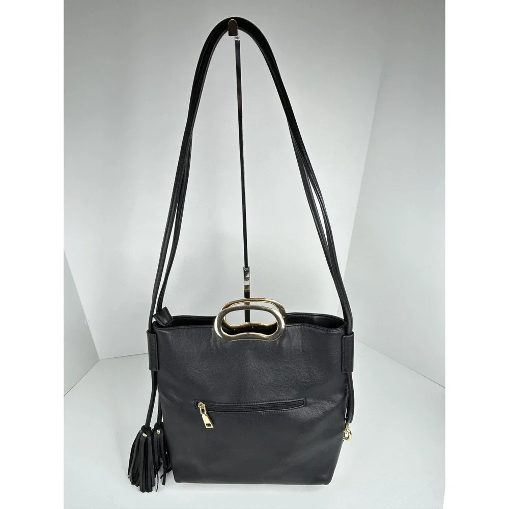 Black Faux Leather Purse Medium Crossbody Metal Handles Chic Inspired Zip Pocket